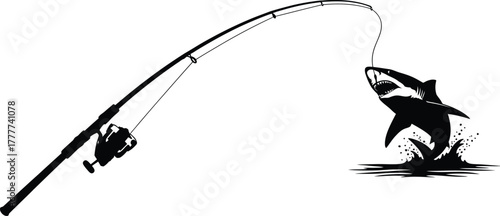 Silhouette of a jumping shark being reeled in by a fishing rod isolated on white background