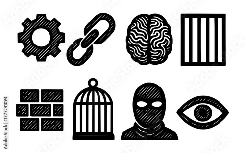 Hand drawn security and privacy icons: gear, chain, brain, bars