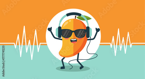 Mango Cartoon Character Listening To Music With Headphones And Enjoying The Beat