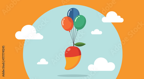 Mango Floating High With Balloons Above a Sky With Clouds and Orange Backdrop