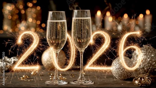 Celebration of 2026 with champagne toast and sparkling decorations, wine glasses in festive ambiance, New Year concept