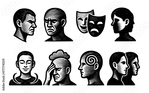 Dramatic woodcut style faces expressing various human emotions and personalities