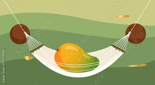 Mango Resting Comfortably on Hammock Suspended by Coconuts with Green Background