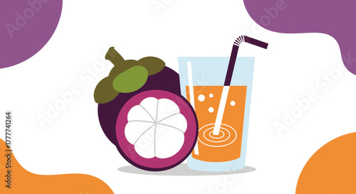 Mangosteen Fruit and Refreshing Juice Illustration, Colorful Design, Freshness Concept