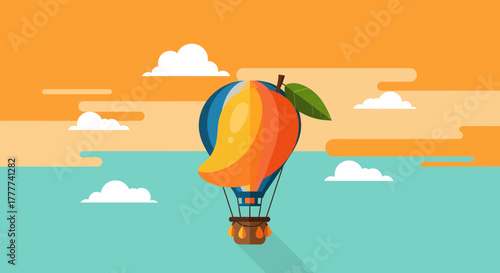 Mango-Shaped Hot Air Balloon Ascending Through Vibrant Orange and Blue Sky