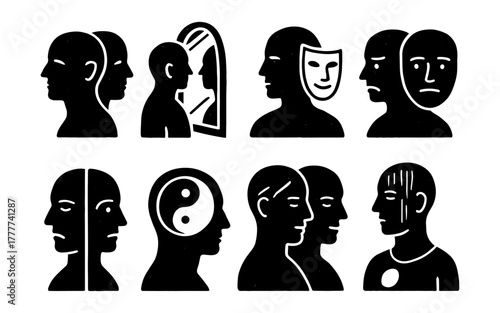 Abstract human duality concepts in bold black silhouette art style