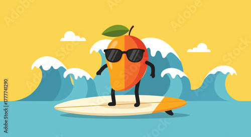 Mango Surfing With Sunglasses On A Surfboard, Coastal Fun And Tropical Paradise