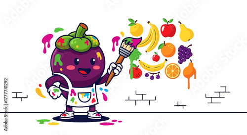 Mangosteen Artist Painting Colorful Fruits and Creating a Vibrant, Whimsical Scene