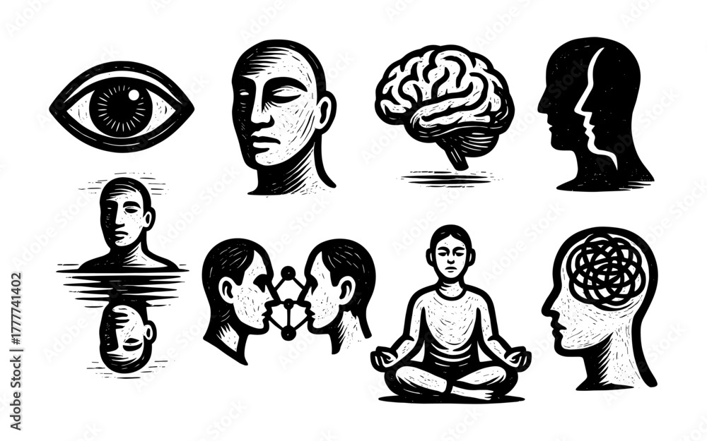 Fototapeta premium Psychology symbols: meditation, communication, human mind, and consciousness in black and white