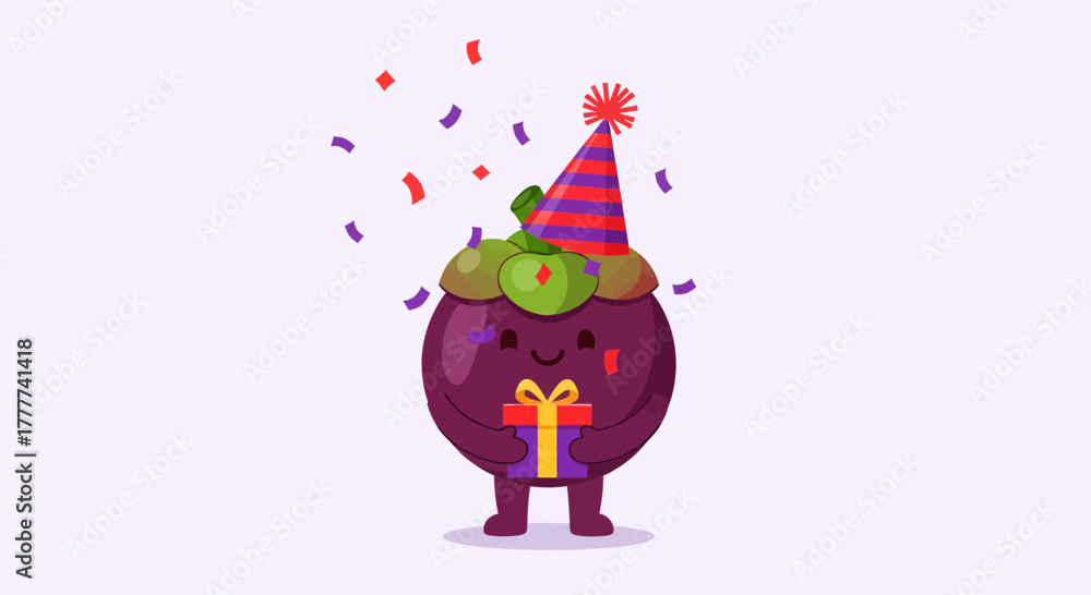 Naklejka premium Mangosteen Celebrating With A Party Hat, Joyously Holding A Wrapped Gift, Happy