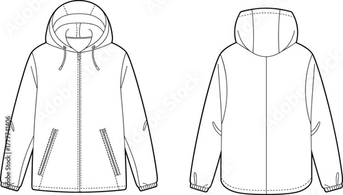 Hooded zip-up jacket technical flat sketch with zipper pockets, rib cuffs and seam details, front and back views, vector garment design template