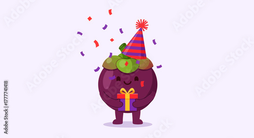 Mangosteen Celebrating With A Party Hat, Joyously Holding A Wrapped Gift, Happy
