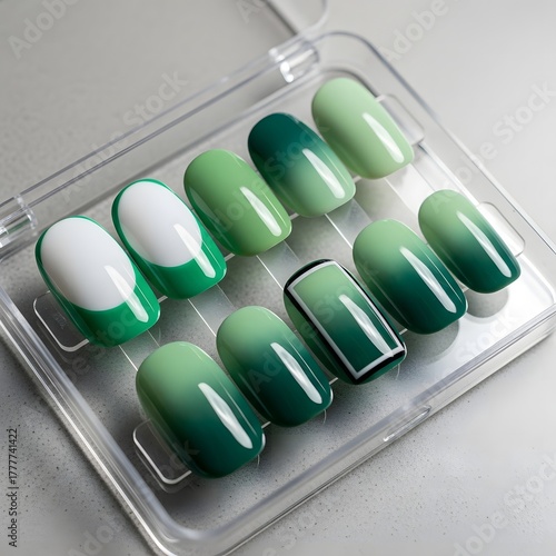 Green Nail Art Design Set in Clear Plastic Case with Ombre and Graphic Elements