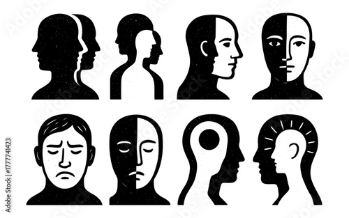 Duality concept with human heads in black and white silhouette style