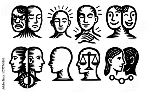 Diverse emotional expressions in line art character heads