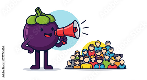 Mangosteen Mascot Broadcasting Message to a Diverse Group of People With a Megaphone