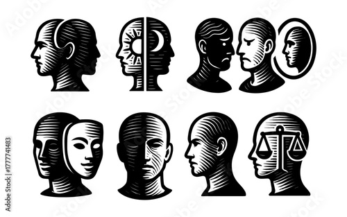 Contrasting human faces and psychological symbols in black and white silhouette