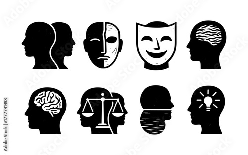 Silhouette collection of psychology symbols featuring human and brain elements