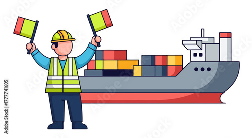Maritime Worker Signaling to a Large Cargo Vessel, Overseeing International Shipping Operations