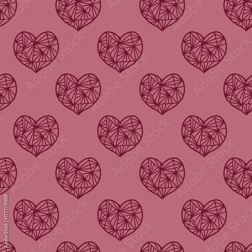 Seamless pattern featuring geometric hearts outlined in burgundy on a dusty pink background