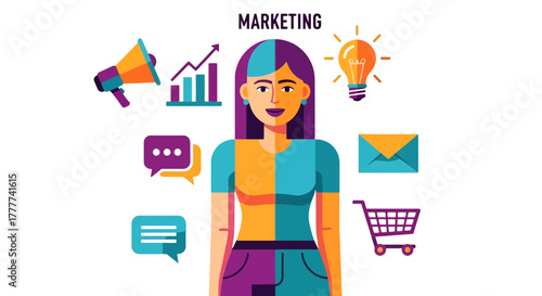 Marketing Concept Illustration: A Woman, Icons Depicting Ideas, Analytics and Shopping