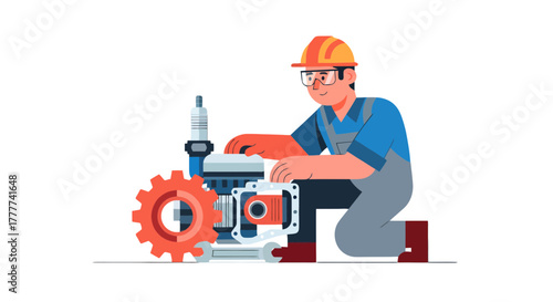 Mechanic At Work: Repairing Engine Parts With Protective Gear And Tools