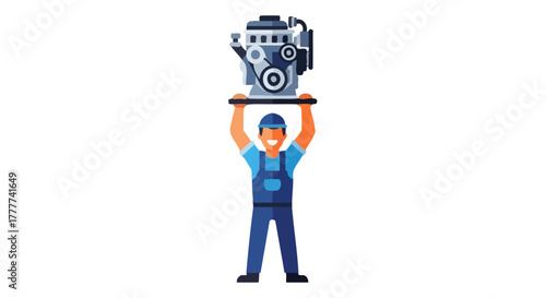 Mechanic Firmly Holding Engine Above Head, Displaying Automotive Power and Force