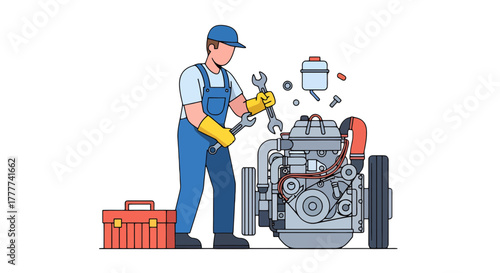 Mechanic Fixing Engine With Tools, Depicting Maintenance And Repair In Simplified Illustration