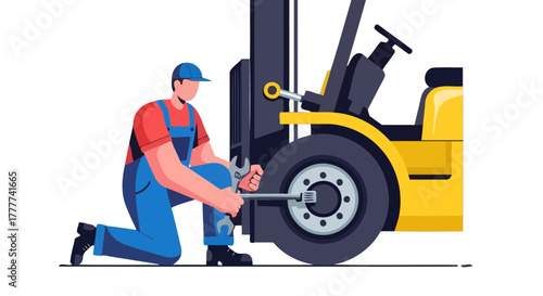 Mechanic Fixing Forklift Wheel: Industrial Illustration Depicting Maintenance and Repair Operations