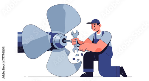 Mechanic Fixing Large Propeller With a Wrench On Black Background Illustration