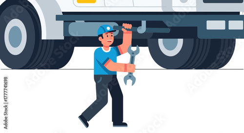 Mechanic Fixing Large Vehicle with a Wrench Underneath, Cartoon Illustration