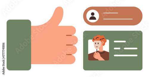 Thumbs-up hand symbol next to user profile cards with avatar and text lines. Ideal for user approval, feedback, identity verification, networking, credentials, validation, endorsement. Simple flat