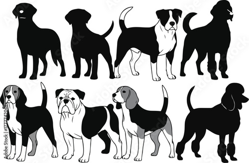 A collection of dog silhouettes and illustrations in various poses on a white background.