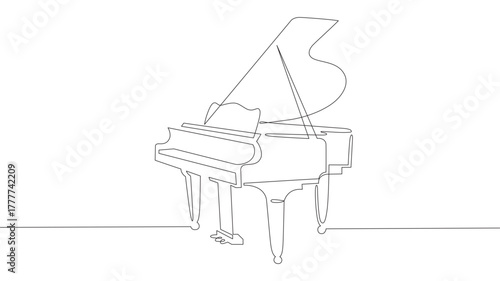 Piano continuous one-line vector drawing. Pianoforte hand-drawn silhouette clipart. Acoustic musical instrument sketch. Grand piano minimalistic contour illustration. Isolated linear design element.