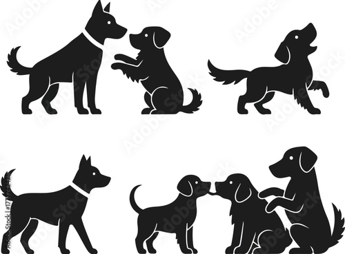 A graphic illustration featuring six black dog silhouettes in various poses against a clean white background.
