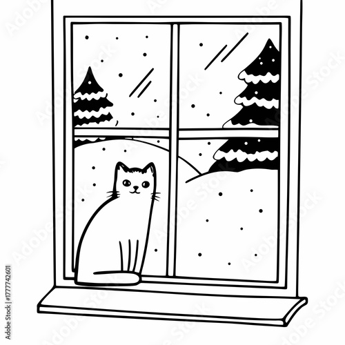 Cat sitting on a window sill watching the snow fall