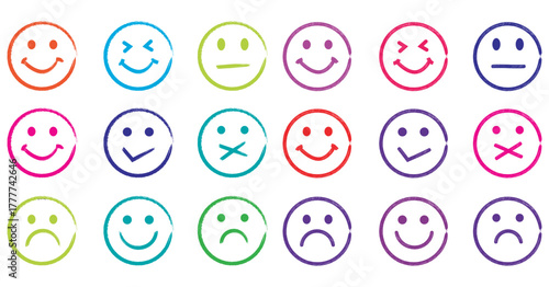 Collection of colorful hand drawn emoticons displaying various facial expressions