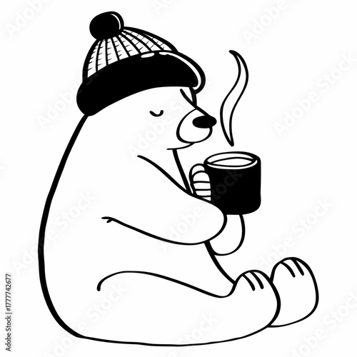 Cute polar bear wearing a hat and holding a cup