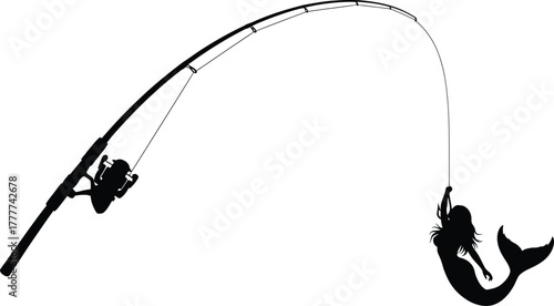 Silhouette of a bent fishing rod with a fish on the line isolated on white background