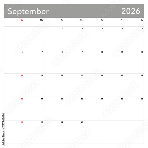 Blank calendar template for September 2026 with ample space for notes and reminders