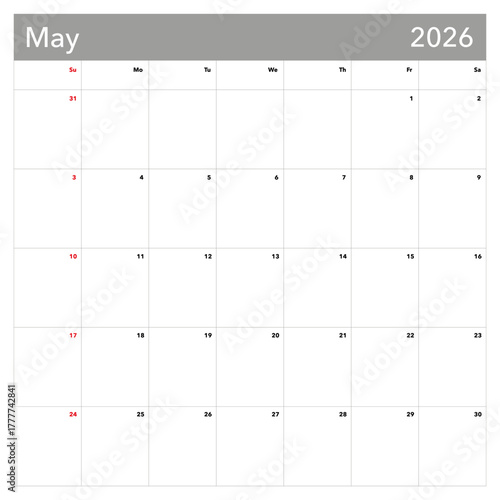 Blank calendar for May 2026 with ample space for notes and reminders in minimalist design