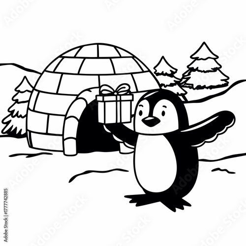 Penguin holding a gift in front of an igloo