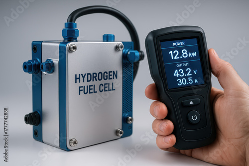 Hydrogen power device for clean energy with handheld measurement tool showing energy output and efficiency in a modern laboratory setting