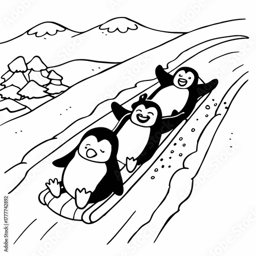 Penguins sledding down a snowy hill