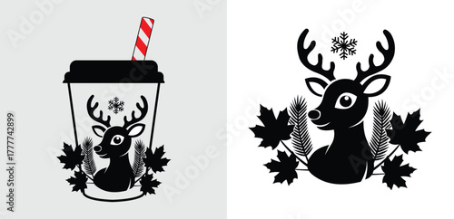 Holiday deer coffee cup design with snowflake and maple leaf elements, perfect for winter and Christmas