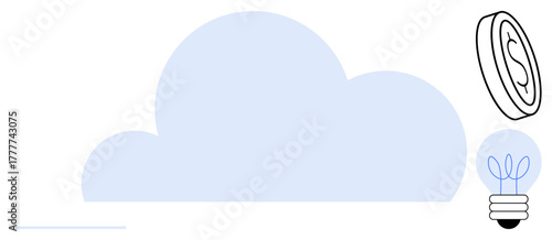 Blue cloud with a coin and a plant bulb representing innovation, eco-friendly energy, and success. Ideal for sustainability, technology, finance, renewable energy, growth, innovation and cloud