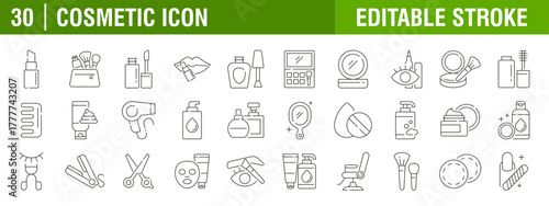 Collection of cosmetic icons. Lifestyle, women, care, beauty. Vector design templates, signs, symbols, editable strokes.