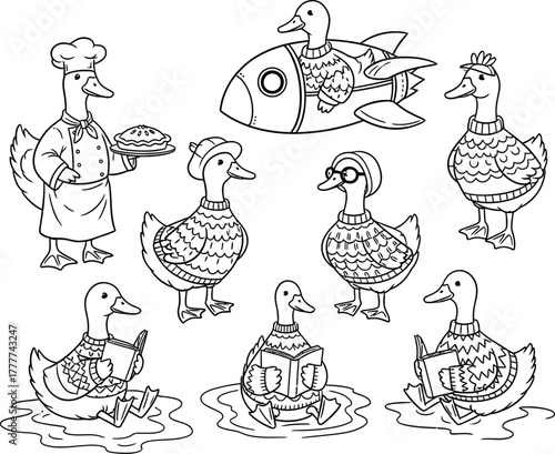 Whimsical illustration of ducks in various costumes and a submarine isolated on white background