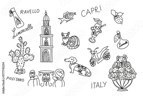Black and white Italy clipart set with hand drawn landmarks architecture food and cultural icons