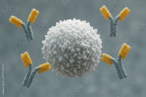 Powerful immune response with antibodies targeting a central immune cell depicting defense and hope against disease